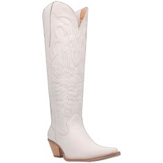 Embroidered White Leather Knee High Boots Dingo Brand Beautiful Embroidery Designs 17" Shaft Height Pull On Style Snip Toe Cushion Comfort Insole Tall Fashion Heel Runs True We Also Carry These In Black, Brown & Red! ***PREORDER DATES are subject to change, as these are "made to order" shoes. If you choose to cancel your PREORDER you will receive a STORE CREDIT, as we do not offer refunds! ***These are shipped to you directly from our Manufacturer. Please allow 7-10 business days for shipping/tr Tall White Cowboy Boots, Tall Western Boots, Tall Western Boot, Dingo Boots, White Cowboy Boots, Leather Cowgirl Boots, Cowgirl Boot, Tall Fashion, Cowgirl Chic