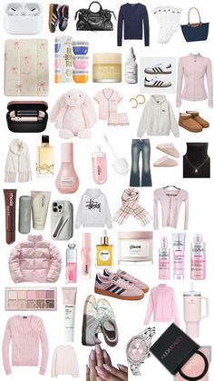 a collage of pink and white items