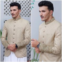 Men Prince Coat Hand Made Embroidery work Zari and Adda Work  Premium Blended Fabric  Italian Thread  Simple & Decent Metal Buttons Finest Stitch Branded Design Custom Sizes are also available. Formal Bandhgala With Chikankari Embroidery For Eid, Traditional Suits With Naqshi For Formal Occasions, Groom's Sherwani With Dabka Work, Traditional Naqshi Suits For Formal Occasions, Formal Beige Traditional Wear With Chikankari Embroidery, Dabka Detailed Sherwani For Groom At Eid, Dabka Embroidered Sherwani For Groom At Eid, Dabka Sherwani For Groom At Eid, Eid Groom Sherwani With Dabka Detailing