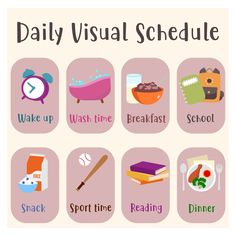 the daily visual schedule is shown with different things to eat and drink in each one