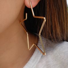 Lightweight Material: gold plated brass Drop: 3" For pierced ears IMPORTED Cheap Metal Festival Earrings, Big Star Earrings, Star Hoop Earrings, Gold Star Earrings, Giant Star, Big Hoop Earrings, Big Earrings, Big Star, Star Earrings