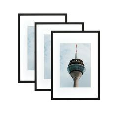 three framed photographs of a tower against a cloudy sky