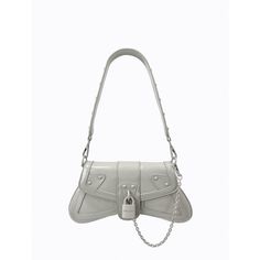 This Y2K-inspired shoulder bag is made from high quality grey crinkle patent faux leather. It features matching powder-coated stud embellishments, custom Poppy Lissiman designed lock and chain hardware. The detachable shoulder strap allows the bag to double as a clutch. Measurements: Height at centre: 12.5cm Height at longest point: 15cm Opening width: 20cm Width at widest point: 32cm Drop: 25cm