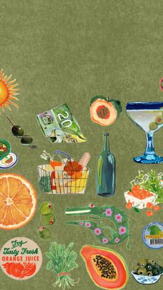 a painting of various fruits and vegetables on a green background with the words orange juice