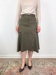 Utility Godet Skirt w/Satin Piping in Army - The Shoe Hive Kids Stationary, Godet Skirt, Denim Blouse, Cargo Style, Style Skirt, Cotton Wool, Sneaker Wedge, Clean Modern, Sweater Skirt