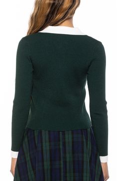 Love the layered look of this ribbed sweater designed with a contrasting poplin collar. Spread collar Long sleeves 50% viscose, 30% polyamide, 20% polyester Hand wash, dry flat Imported Fitted Knit Top With Seamless Collar For Fall, Winter Tops With Ribbed Collar For Layering, Preppy Fall Tops With Ribbed Cuffs, Green Tops With Ribbed Collar For Fall, Fall Green Top With Ribbed Collar, Fitted Long Sleeve Preppy Sweater, Preppy Fitted Long Sleeve Sweater, Fitted Preppy Winter Sweater, Fitted Preppy Winter Tops