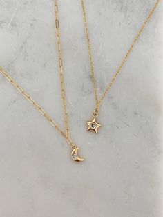 ⭐️ MATERIALS: PaperClip Chain: 14k Gold Filled Cable Chain: 14k Gold Filled Moon and Star charm: 18k Gold Filled All components are nickel and lead free ⭐️ SIZE: Moon and Star charm: Approximately 1/2 inch tall THIS NECKLACE IS SOLD AS A SET ⭐️ What is Gold Filled? My 14k Gold Filled chains are manufactured in the U.S and consists of 5% (1/20) solid gold pressure bonded over brass. They are tarnish resistant and perfect for those with allergies or sensitive skin. Gold-filled jewelry has 100x mor Cheap Gold Charm Necklaces For Friendship, Dainty Sun And Moon Charm Necklaces As A Gift, Dainty Sun And Moon Charm Necklace For Gift, Gold Moon And Star Necklace, Gold Moon Charm Celestial Necklace, Gold Moon Charm Necklace, Celestial Style, Couple Necklaces, Best Friend Necklaces, Friendship Necklaces