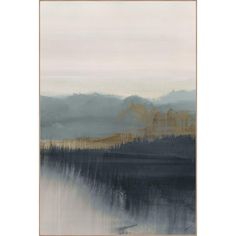 an abstract painting with mountains in the background and water on the bottom right hand side