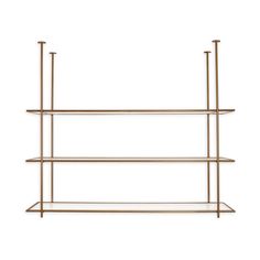 a gold metal shelf with three shelves on each side and two hooks hanging from the top