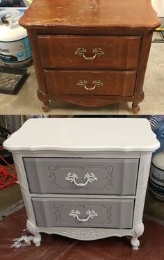 an old dresser has been painted white and gray