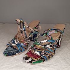 Unique Snakeskin High Heeled Open Toe Sandals With High Ankle Straps. 4" Heel Never Worn. Size 10 Multicolor Synthetic Sandals With Buckle Closure, Multicolor Strappy Sandals For Spring, Multicolor Sandals With Buckle Closure And Open Heel, Multicolor Open Heel Sandals With Buckle, Multicolor Buckle Closure Sandals With Open Heel, Multicolor Open Heel Heels With Buckle Closure, Multicolor Open Toe Sandals With Heel Loop, Multicolor Ankle Strap Heels With Buckle Closure, Multicolor Ankle Strap Heels For Vacation