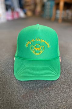 Get your Game Day started with this green & gold trucker hat by Hats by Madi. 5-panel capSeamless Foam Front Panel with Lining8 Rows Stitching on VisorMatching Fabric UndervisorMatching Color SweatbandMatching Color BraidPlastic Adjustable Snap Green Snapback Hat One Size Fits Most, Green One Size Fits Most Snapback Hat, Green Trucker Cap With Flat Brim, Green One Size Fits Most Baseball Cap, Green Snapback Baseball Cap One Size Fits Most, Green Fitted Cap One Size Fits Most, Green Trucker Hat Snapback Style, Green Trucker Baseball Cap With Flat Brim, Green Flat Brim Hat, One Size Fits Most