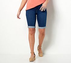 Bermuda shorts are a summer staple. And these Bermuda shorts -- with an easy stretch fabrication and stylish rolled cuffs -- fit every suns-out scenario.   The BBQ: wear them while enjoying a grilled burger and cool drink. Enhance this fab short with an Americana-themed tee and slide sandals, and get your yard-game on!  The beach vacation: pull them on before you bike into town for an omelet and fresh-squeezed juice. Just add sneakers and a zip-up jacket (in case there's a chill from that ocean Relaxed Fit Bermuda Shorts With 5-inch Inseam, Stretch Cotton Bermuda Shorts Mid-thigh Length, Medium Wash High-waisted Bermuda Shorts With Pockets, Casual Bermuda Shorts With 5-inch Inseam And Pockets, Denim Bermuda Shorts With Built-in Shorts In Blue, Semi Casual, Easy Stretches, Petite Shorts, Comfy Dresses