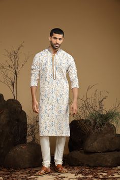 Macaroon Yellow and Starlight White And Blue Floral Printed Cotton Kurta Set Kurta Set Traditional  Wear  Care Instructions: Dry Clean Floral Printed Cotton kurta with motifs & front stitch placket. Top Details: Color- Yellow or White/Blue, Fabric - Blend Cotton Bottom Details Color - Ivory, Style - free size Chudidar, Fabric -Dhupion Silk Package Include: Kurta and Pajama Additional Information : - As this Sherwani/Waistcoat/Kurta is stitched & made as per orders requested only, So there is NO Wedding Eid Kurta With Printed Motifs, Multicolor Bandhani Print Kurta For Transitional Season, Wedding Bandhgala With Printed Motifs For Diwali, Multicolor Straight Kurta For Diwali, Designer Multicolor Kurta For Diwali, Wedding Kurta With Bandhani Print For Diwali, Multicolor Straight Kurta For All Seasons, Multicolor Straight Kurta For Festive Occasions, Multicolor Straight Kurta For Eid