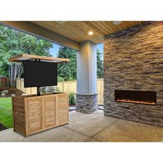 an outdoor entertainment area with fireplace and television