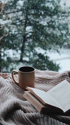 an open book and coffee cup sitting on top of a blanket next to a window