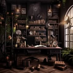 an image of a dark room with lots of books on the shelves and plants in the corner