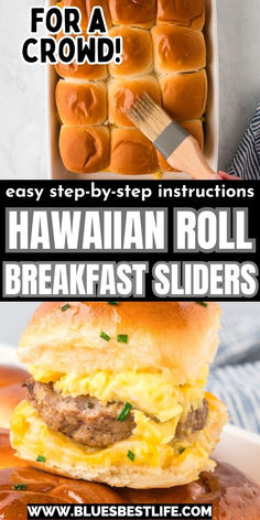 Breakfast sliders on Hawaiian rolls. Hawaiian Roll Breakfast Sliders, Hawaiian Roll Breakfast, Easy Slider Recipes, Breakfast Sliders, King Hawaiian Rolls, Hawaiian Roll Sliders, Hawaiian Roll, Breakfast Slider, Fluffy Scrambled Eggs