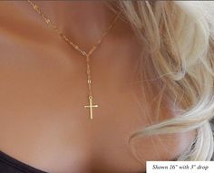 "CROSS LARIAT NECKLACE - CHRISTIAN NECKLACE This Christian Lariat Necklace is classy and chic. The dainty lariat features a cross that hangs from our popular shiny gold or silver sequin chain and is set off with one small cz for just a touch of added sparkle. Description: ✦ Upgraded Gold Filled, Rose Gold Filled or Sterling Silver Sequin Chain ✦ Gold , Rose Gold or Sterling Silver Cross - 22mm x 13mm ✦ Gold, Rose Gold or Silver Plated 4mm CZ - this is optional, please see drop down menu for choi Gold Cross Necklace For Party, Party Cross Necklace With Clavicle Chain, Elegant Adjustable Gold Cross Necklace, Elegant Cross Lariat Necklace, Elegant Cross Pendant Lariat Necklace With Adjustable Chain, Elegant Cross Lariat Necklace With Adjustable Chain, Elegant Cross-shaped Lariat Necklace With Adjustable Chain, Adjustable Gold Cross Lariat Necklace, Elegant Gold Lariat Necklace With Cross