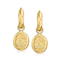 Italian Tagliamonte 18kt Gold Over Sterling Ulysses Hoop Drop Earrings. An innovative design from the well-regarded Italian designer Tagliamonte, these charming hoop earrings feature removable drops inscribed with depictions of the literary hero Ulysses. The versatile pair is refined enough to complement any outfit, yet still promotes uniqueness with its culturally significant design! Crafted in satin and polished 18kt yellow gold over sterling silver. Hanging length is 1 7/8". Snap-bar, 18kt go Jewelry Presentation, Diamond Anklet, Italian Gold Jewelry, Mixed Metal Bracelets, Pearl Bracelet Gold, Amazon Jewelry, Hoop Drop Earrings, Pearl Strands Necklace, Pearl Anklet