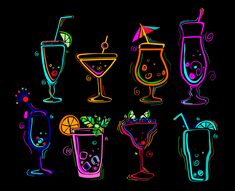 neon colored cocktails on a black background