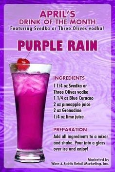 the purple rain cocktail is served in a tall glass with a cherry garnish