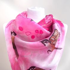 Square silk scarf Cherry Blossom & Sparrows, hand painted in pink & white color set. This sakura scarves is ready to be shipped. Size: approximately 34 by 34 inches (88 by 88 cm) Silk: pure Habotai Light, semi transparent and a bit glossy. This amazingly delicate and lightweight. It will make you feel wonderfully cool and fresh: silk lets your skin breaths and it covers you from sun or cool wind. This scarf was painted with gradient pink color set: from white, bright baby pink to dark pu Artistic Pink Silk Scarf, Pink Hand Painted Silk Scarves, Handmade Pink Silk Scarf, Handmade Pink Silk Scarves, Pink Hand Painted Silk Scarf As Gift, Hand Painted Pink Silk Scarf For Gift, Hand Painted Pink Silk Scarf Gift, Pink Hand Painted Silk Scarf Gift, Pink Scarf For Spring Gift