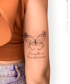 a woman's arm with a butterfly tattoo that reads primata de baseformina