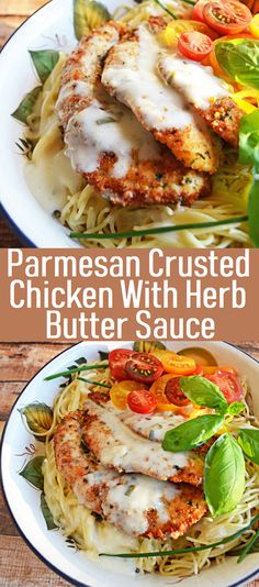 two plates of chicken with herb butter sauce and pasta on the side, topped with fresh basil leaves