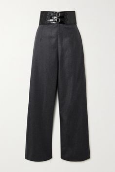 The sculptural belt that cinches these Alaïa pants is integrated into the waistband. They're made from fine wool-flannel, with pleats through the wide legs. The croc-effect patent leather makes a striking counter to such classic tailoring. Luxury Wool High-waisted Wide Leg Pants, Luxury High-waisted Wool Wide Leg Pants, Tailored Wool Wide Leg Pants With Belt Loops, Chic Full-length Wool Bottoms, High Waist Wool Bottoms For Formal Occasions, Chic Full Length Wool Bottoms, Formal High Waist Wool Wide Leg Pants, Formal High Waist Wide Leg Wool Pants, Formal High Waist Wide Leg Pants