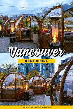 an outdoor dining area with glass domes and lights