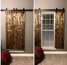 two pictures of the same sliding door in front of a window with blinds on it