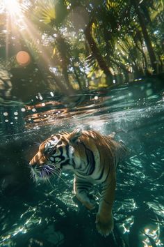 a tiger swims in the water near some trees and bushes, while sunlight shines on its face