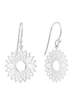 These stunning novelty earrings from Belk Sterling Silver feature a cut-out design of a beautiful sunflower, hanging from a French wire. | Belk Sterling Silver Sterling Silver Cut Out Sunflower Drop Earrings Summer Hypoallergenic Jewelry With Flower Shape, Hypoallergenic Flower-shaped Summer Jewelry, Summer Hypoallergenic Jewelry In Flower Shape, Summer Hypoallergenic Flower-shaped Jewelry, Sunflower Design Drop Earrings For Summer, Sunflower Dangle Earrings For Summer, Summer Sunflower Design Jewelry, Novelty Earrings, Flower Drop Earrings