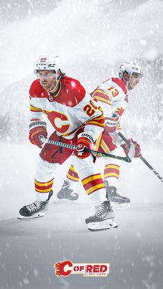 two ice hockey players in red and white uniforms