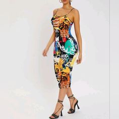 Graffiti Print Dress Casual Multicolor Print Midi Dress For Party, Casual Party Midi Dress With Vibrant Print, Casual Midi Dress With Vibrant Print For Party, Casual Multicolor Midi Dress For Night Out, Summer Graphic Print Bodycon Dress, Summer Bodycon Dress With Graphic Print, Yellow Abstract Print Summer Dress, Summer Party Midi Dress With Graphic Print, Fitted Yellow Dress With Graphic Print