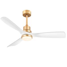 a gold ceiling fan with white blades and a light on the top, against a white background