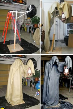 four pictures of various items in the process of being put on and placed together to make a ghost costume