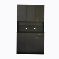 a black cabinet with three doors and two cupboards on the bottom, in front of a white background