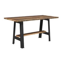 a wooden table with black metal legs