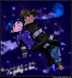 a couple is flying through the air in front of a night sky with stars and clouds