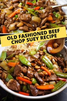 an image of old fashioned beef chop suey recipe in a bowl with tongs