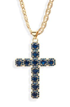 Colorful round cubic zirconia cluster on this eye-catching cross pendant set on an 18-karat gold-plated chain with intricate etchings. 18k-gold plate/cubic zirconia Made in the USA of imported materials Unique Cross Necklace Womens, Italian Cross Necklace, Blue Cross Necklace, Big Cross Necklace, Christian Necklaces, Crosses Jewelry, Cross Pendant Necklace Woman, Gold Vintage Jewelry, Simple Gold Jewelry