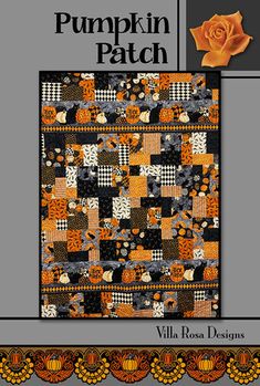 an orange and black quilt with the words pumpkin patch on it