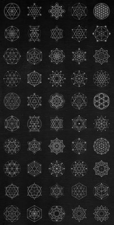 a black and white poster with various geometric designs on it's sides, all in different sizes