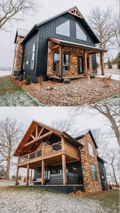 two pictures of a house in the snow and one is made out of wood, with stone