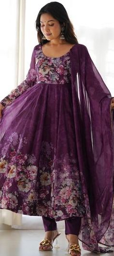 Purple and Violet color Salwar Kameez in Organza Silk fabric with Floral, Printed work Bollywood Style Floral Print Kurta For Wedding, Multicolor Floral Print Kurta For Weddings, Elegant Floral Anarkali Set For Wedding, Floral Print Traditional Salwar Kameez For Wedding, Elegant Floral Print Anarkali Set For Wedding, Wedding Anarkali Set In Georgette With Floral Print, Anarkali Traditional Wear With Floral Print For Wedding, Floral Print Anarkali For Wedding, Floral Print Anarkali Traditional Wear For Wedding