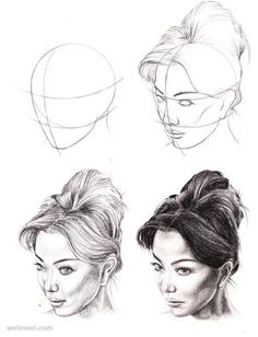 three different types of hair are shown in this drawing lesson for the face and head