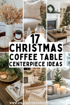 christmas coffee table centerpieces with candles and greenery in them, surrounded by photos