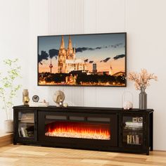 a living room with a fire place in the center and a painting on the wall